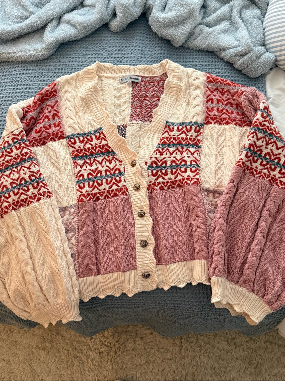 Gray Bandit Patchwork Cable-Knit Cardigan - Cream, Pink & Red